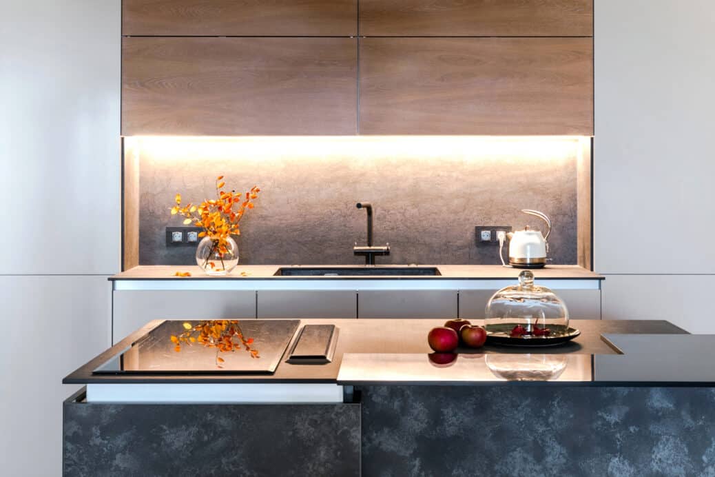 Minimalist kitchen with new appliances, home improvements concept